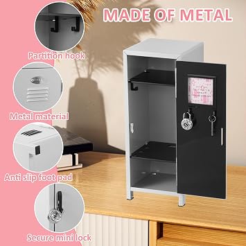 Mini Locker with Lock and Key, Rustproof Metal Small Locker for Desktop, Girls Desktop Store Organizer, Money Safe and Cash Lock Case for Girls (White)