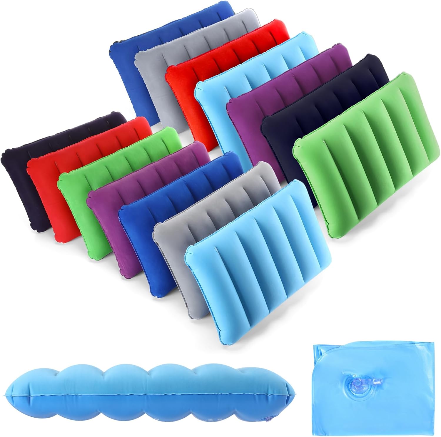 Geelin 14 Pieces Inflatable Camping Pillow 18.5 x 11.8 Inches Portable Compact Flocked Fabric Air Pillow for Travel Hiking Home Office Sleeping Neck Head Lumbar Support, Multicolor