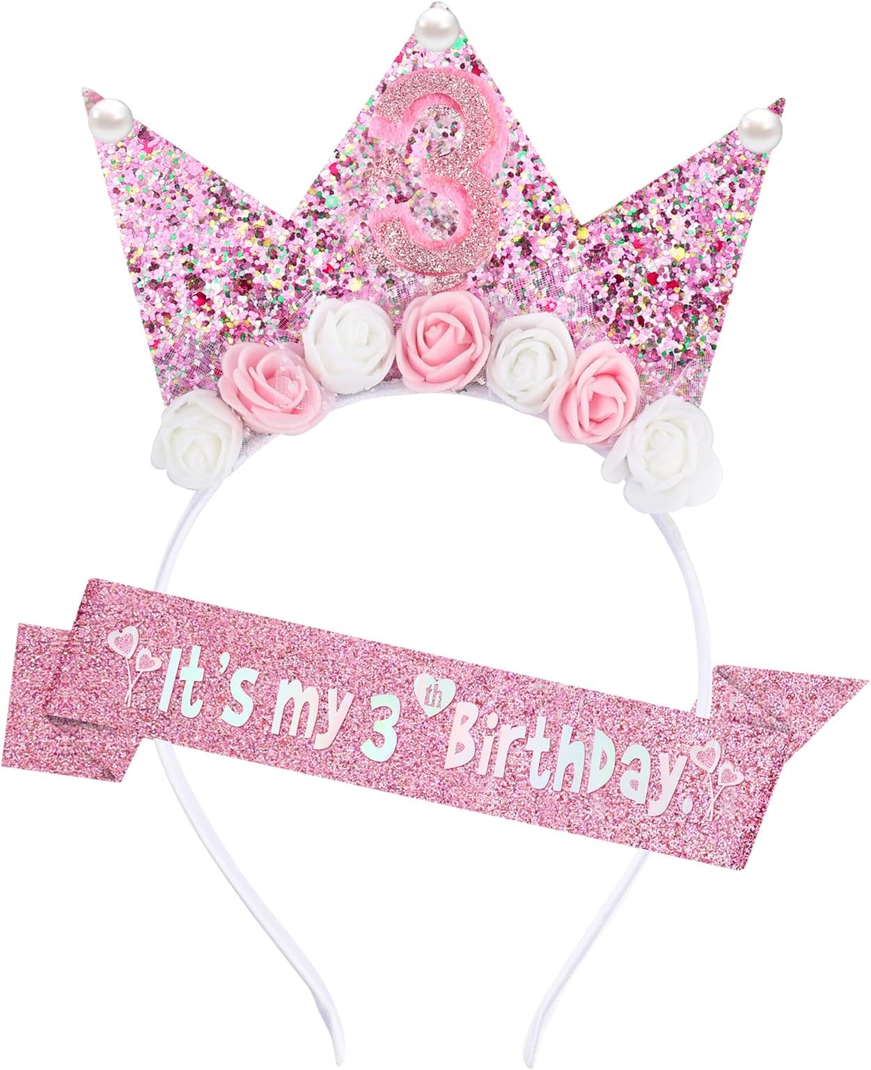 Zkptops2Pcs Birthday Crown Headbands for Kids Toddlers Girls Birthday Sash & Birthday Tiara Set Pink Hair Band Accessories