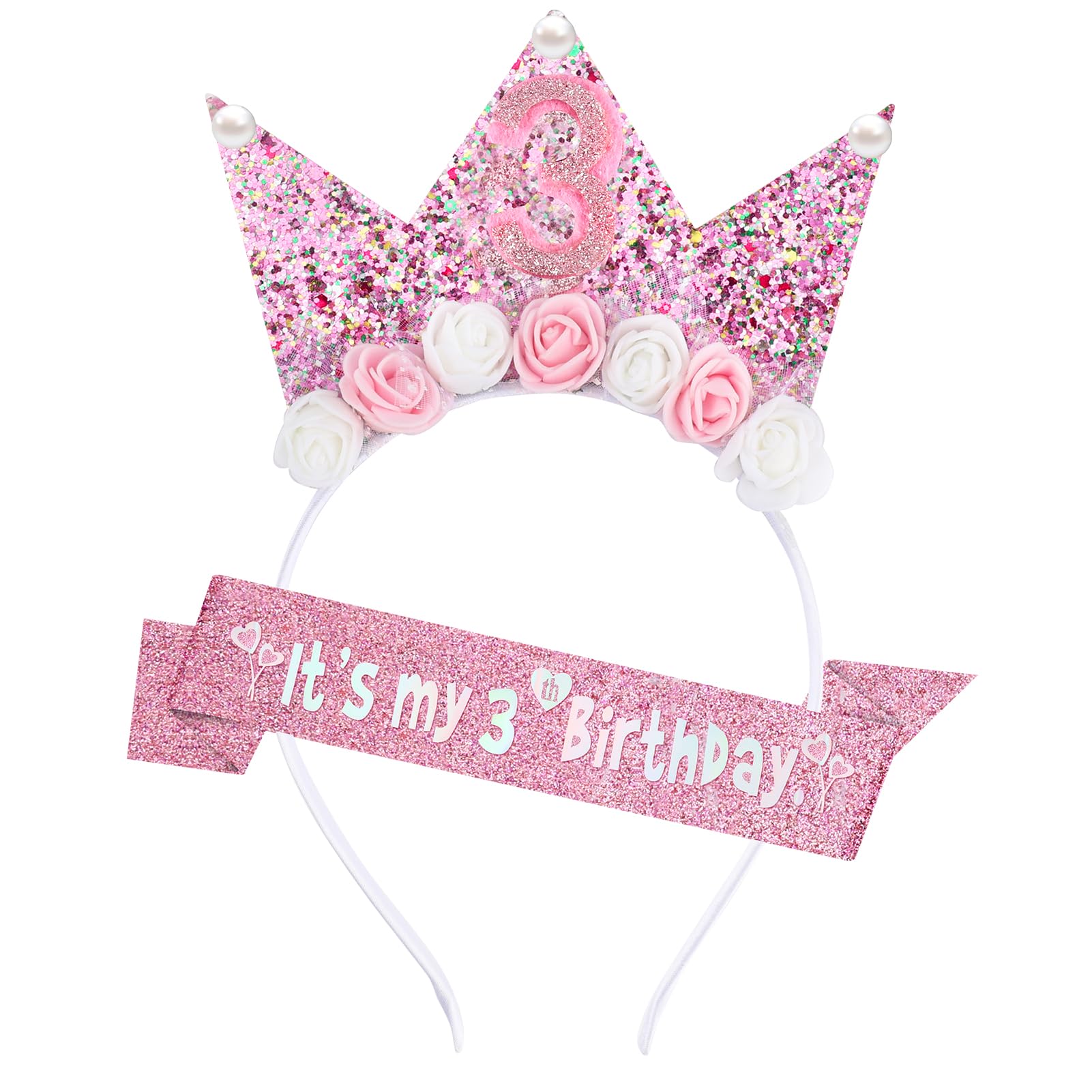 Zkptops2Pcs Birthday Crown Headbands for Kids Toddlers Girls Birthday Sash & Birthday Tiara Set Pink Hair Band Accessories