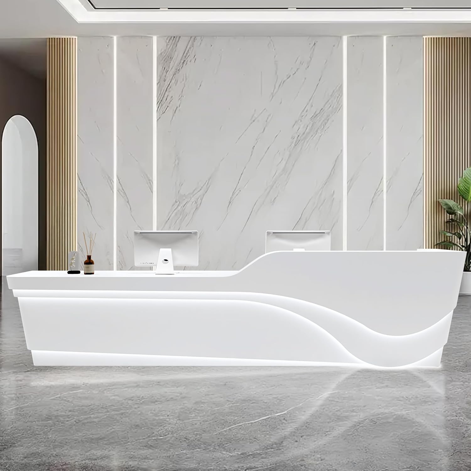 Reception Desk, Ships in One Piece, No Assembly Required, for Salon Reception Room Office Clothing Store,Beauty Salon Checkout Counter with Hidden LED Lighting Customized Logo