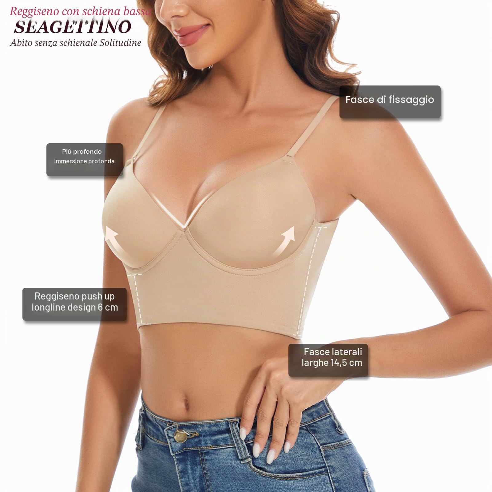 Reggiseno con schiena bassa da donna, push-up, scollo a V profondo, reggiseno senza schiena profonda, spalline multiway, reggiseno convertibile, reggiseno sollevamento filo