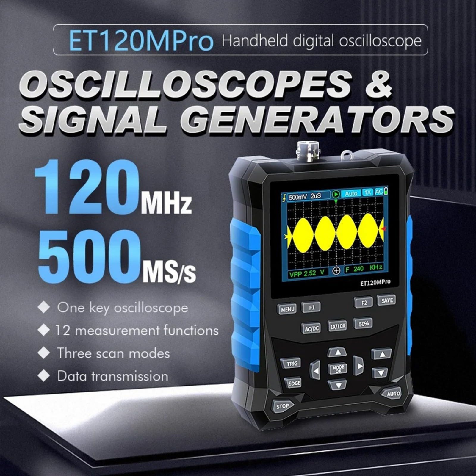 ET120MPro, oscilloscopio digitale 120 MHz 500 MS/s con sorgente di segnale 3 MHz, tester automobilistico 2 in 1 per diagnostica auto, istruzione e laboratorio, design portatile con batteria