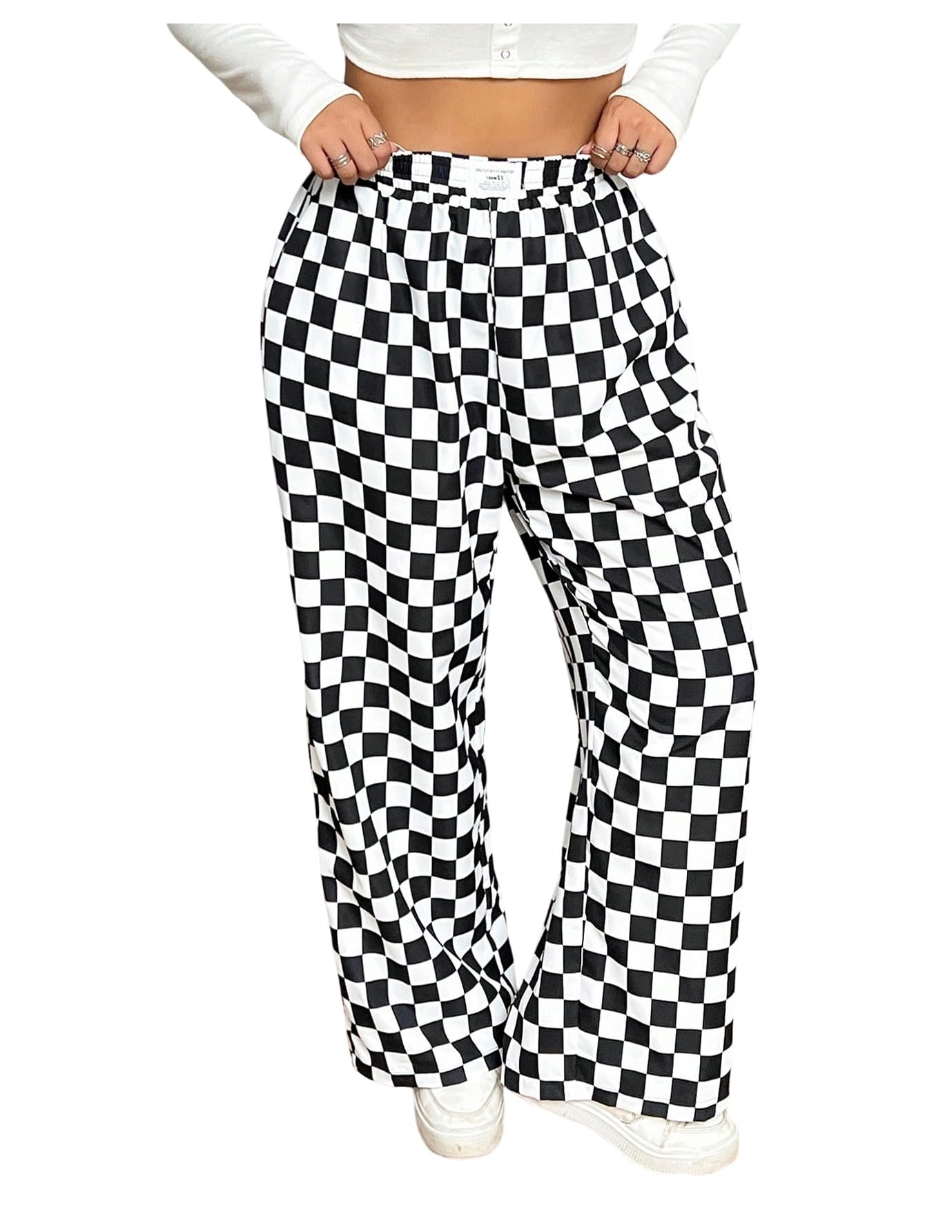 SOLY HUX Womens Plus Size Checkered Pants Elastic High Waisted Y2k Wide Leg Baggy Trousers with Pocket