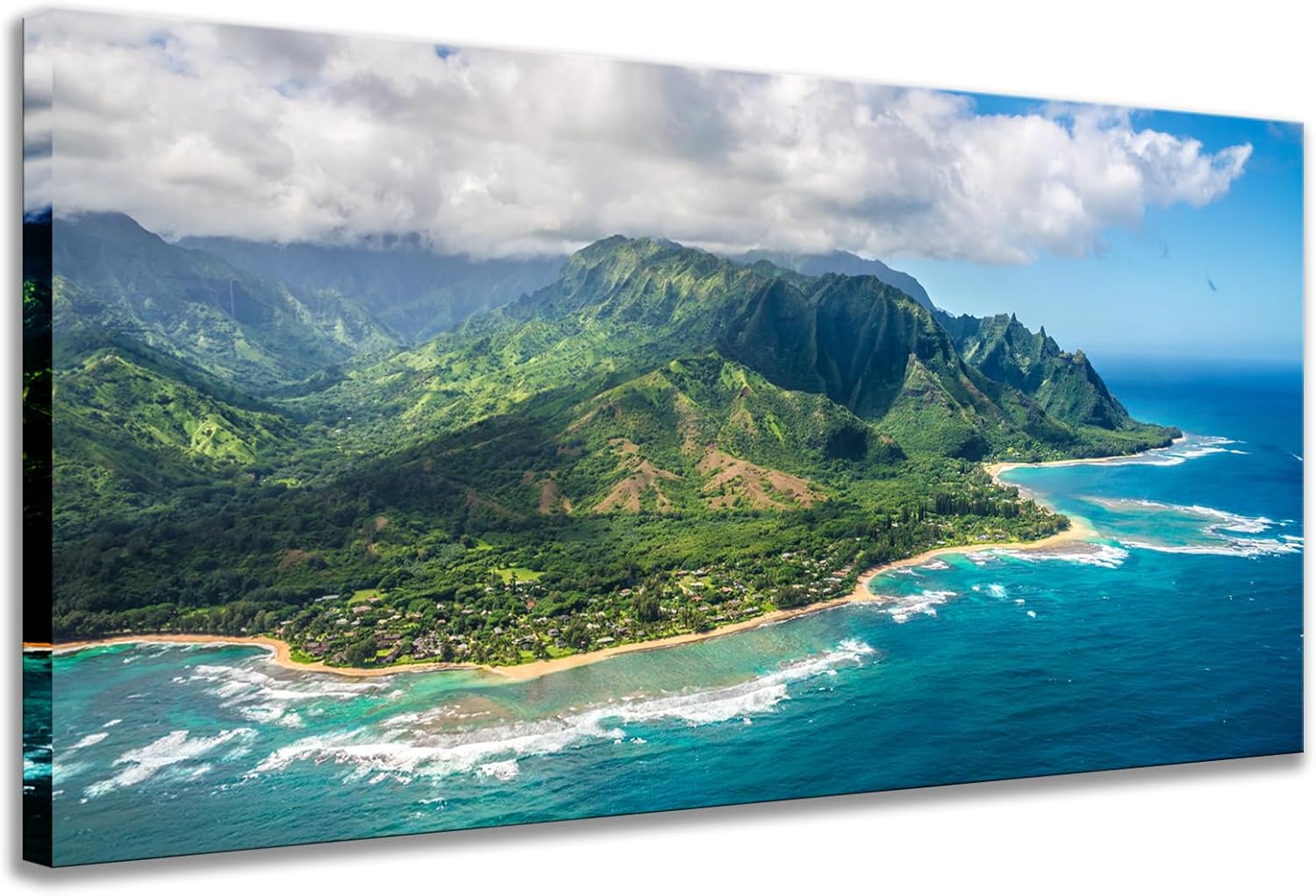 Large Wall Art Aerial View on Napali Coast of Kauai island USA Hawaii Landscape Prints Picture Modern Home Decor Framed for Living Room Ready to Hang 24"x48"