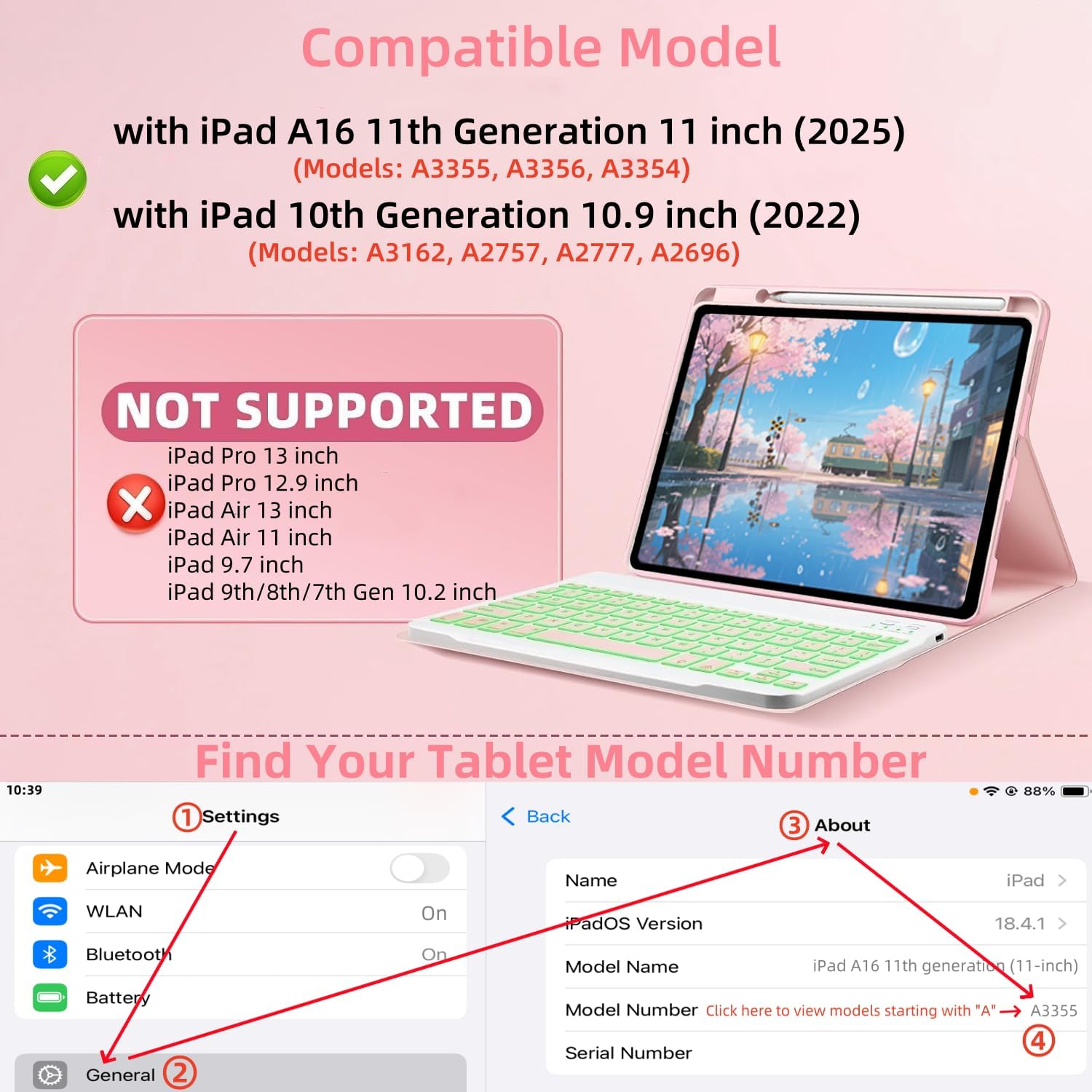 Keyboard Case for iPad 10th / A16 11th Generation 2022/2025-7 Colors Backlit Keyboard Cover and Mouse (Pink) - Image 2