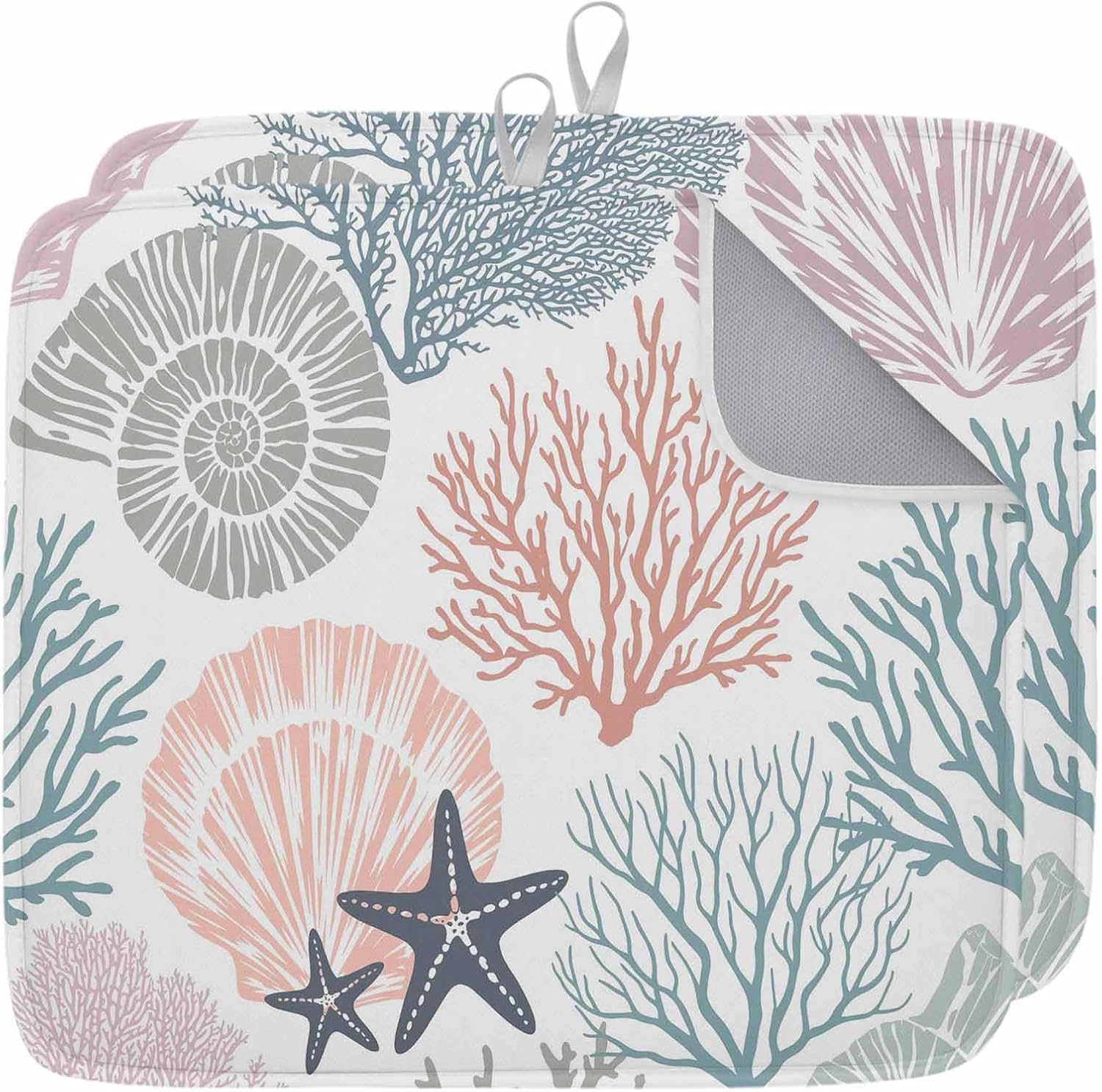 Ocean Classic Art 2 Pack Dish Drying Mat for Kitchen Counter 18''x24'' Watercolor Starfish Coral Shell Absorbent Dish Bowl Dishes Drainer Mat Reversible Drying Rack Pad for Coffee Bar