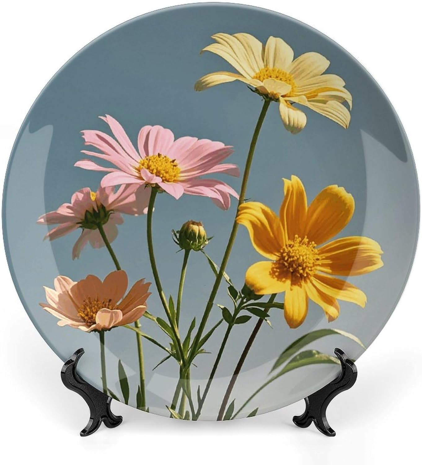 Beautiful Flowers Decorative Ceramic Plate Round Porcelain Plate Decor Personalized Bone China Decorative Plates Ceramic Ornaments Dessert Plates with Display Stand 8inch
