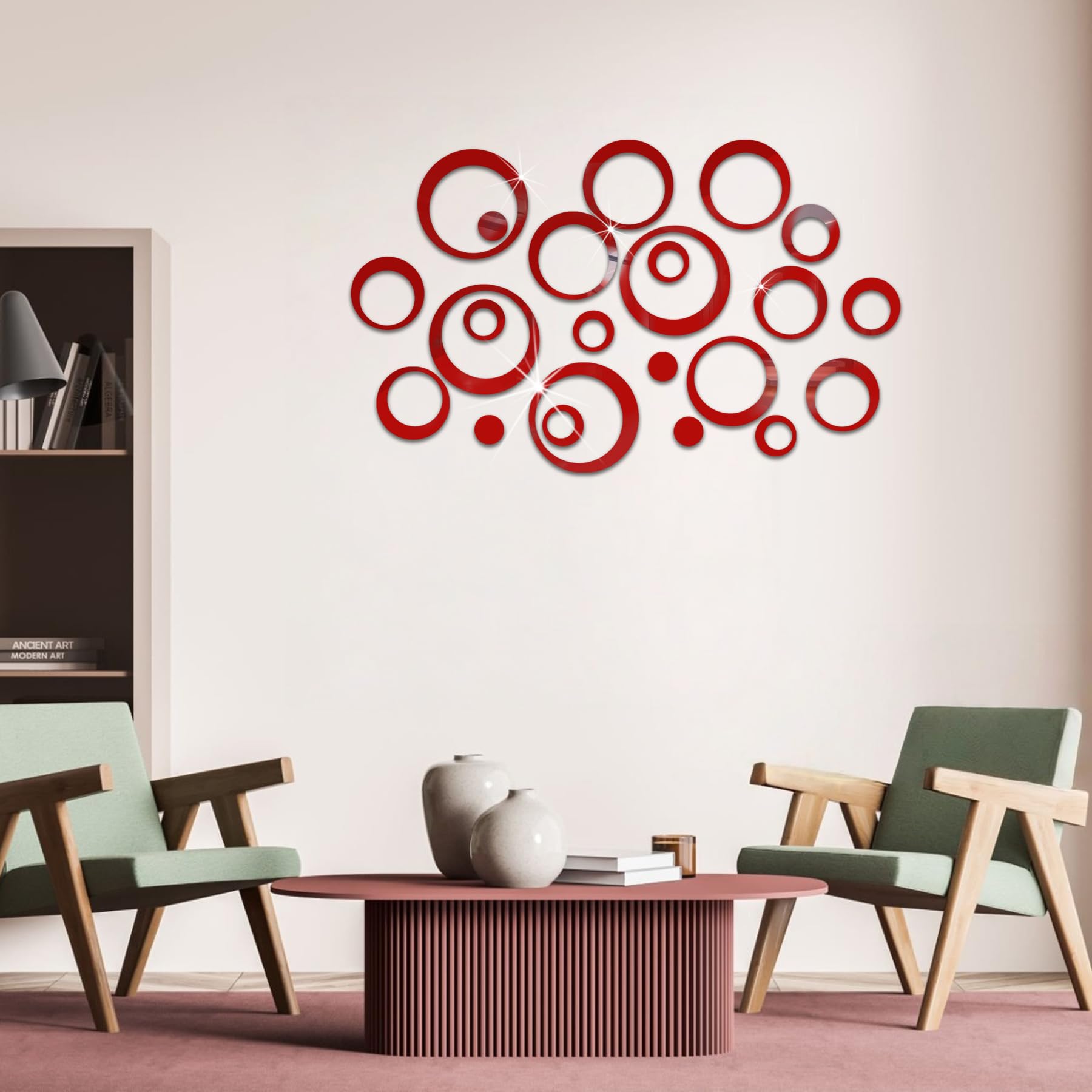 Adesivi Murali Specchio Acrilico Rosso 3D – 24 Pezzi Cerchi Decorativi da Parete, Specchi Adesivi Rotondi DIY per Soggiorno, Camera da Letto, Bagno e Decorazione Casa - 5