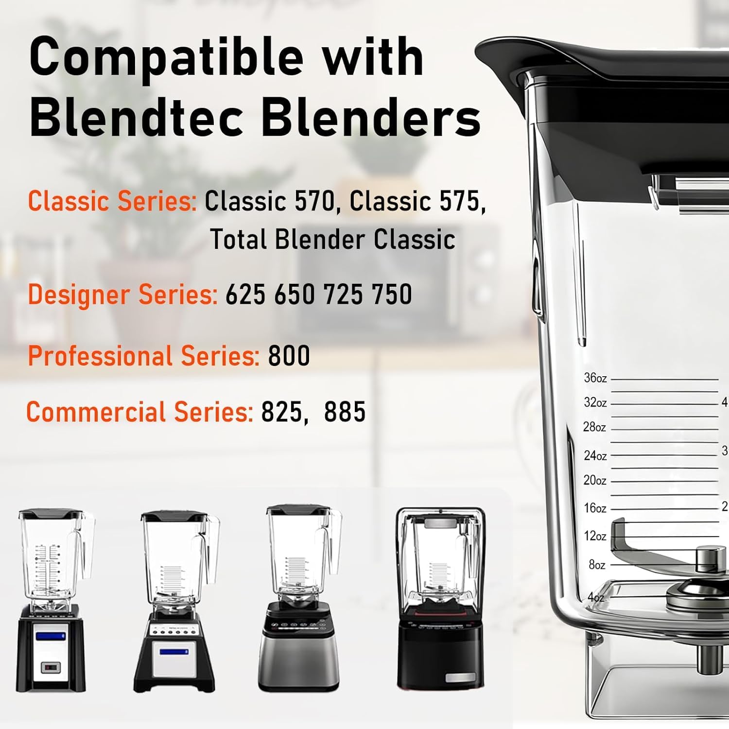 For Blendtec Wildside+ Jar Replacement Pitcher Cup Compatible with Classic/Designer/Professional/Commercial Series Container-36 oz Blending Capacity, 2-year full warranty
