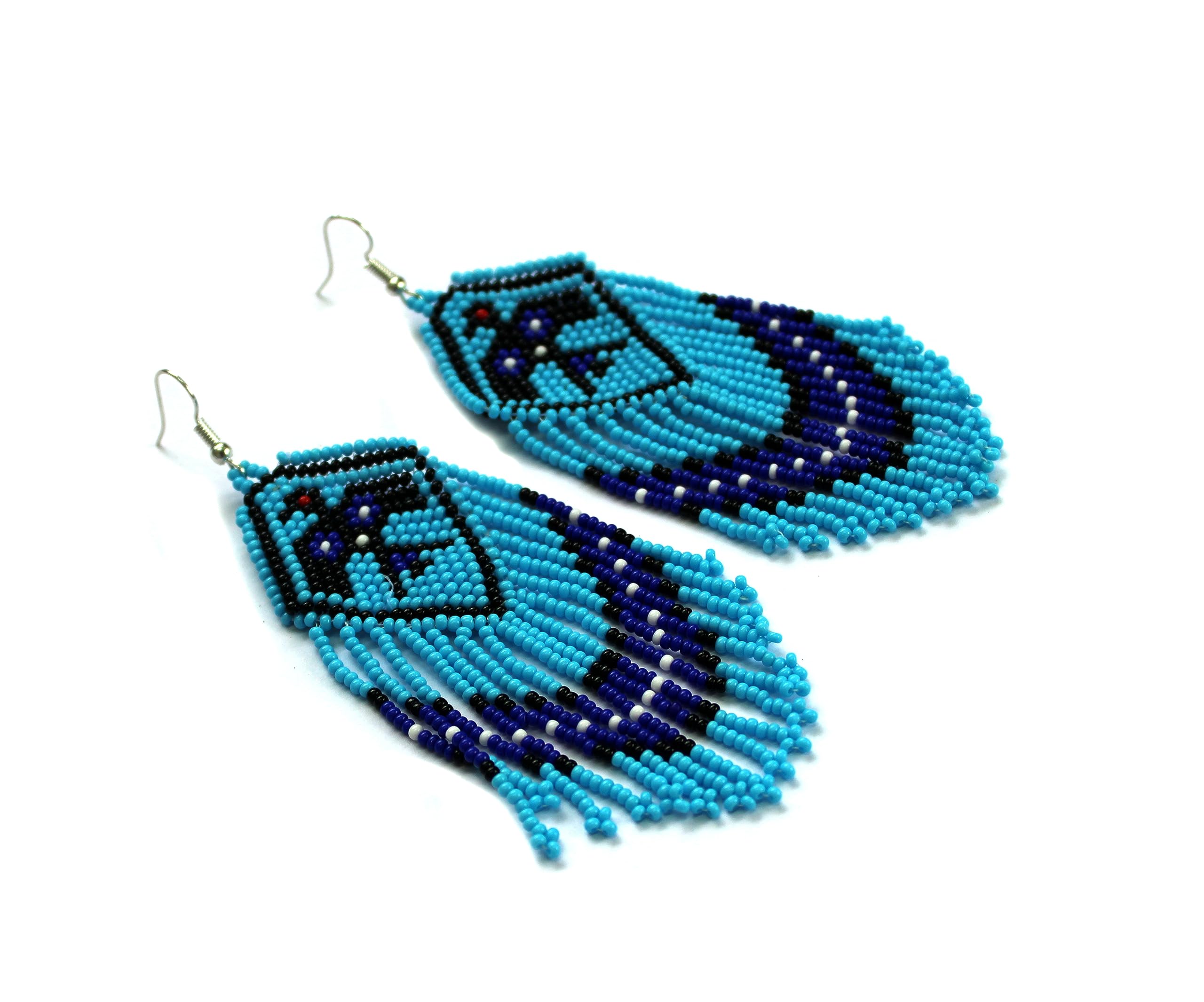 Long Beaded Dangle Earrings – Boho Native Handmade Seed Bead Tassel Earrings, Bohemian Large Statement Beaded Drop Fringe Earrings for Women (Blue)