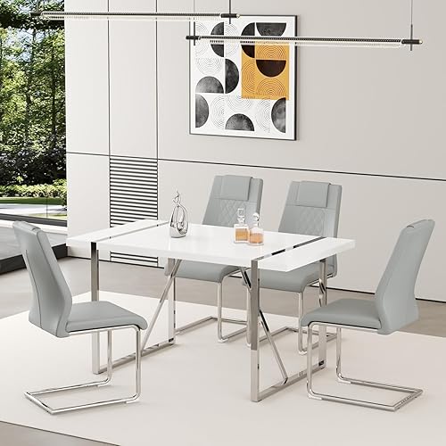 Miniatura 16 de Juego de mesa de comedor moderno de 55 pulgadas para 6, superficie de mesa blanca y estructura de metal plateado, mesa rectangular para comedor