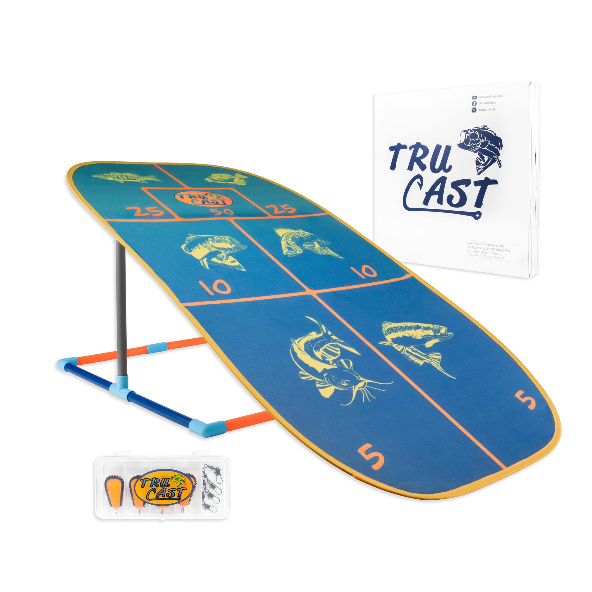 TruCast Outdoor Fishing Game, Portable Kids Fishing Game with Velcro Lures and Foldable Flat-Pack Target Board, Compact Kids Fishing Rod Travel Set, 17