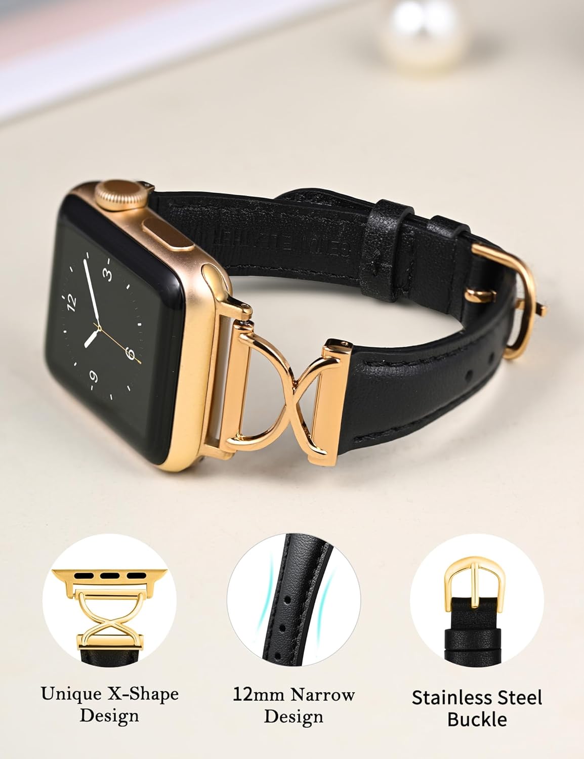 Wearlizer Slim Leather Band Compatible with Apple Watch Bands 40/38/41/44/42/45/46/49mm Women, Dressy Fancy Designer Thin Leather Strap for iWatch Series 11 10 9 8 7 6 5 4 3 SE/Ultra 3 2 1 - Image 3