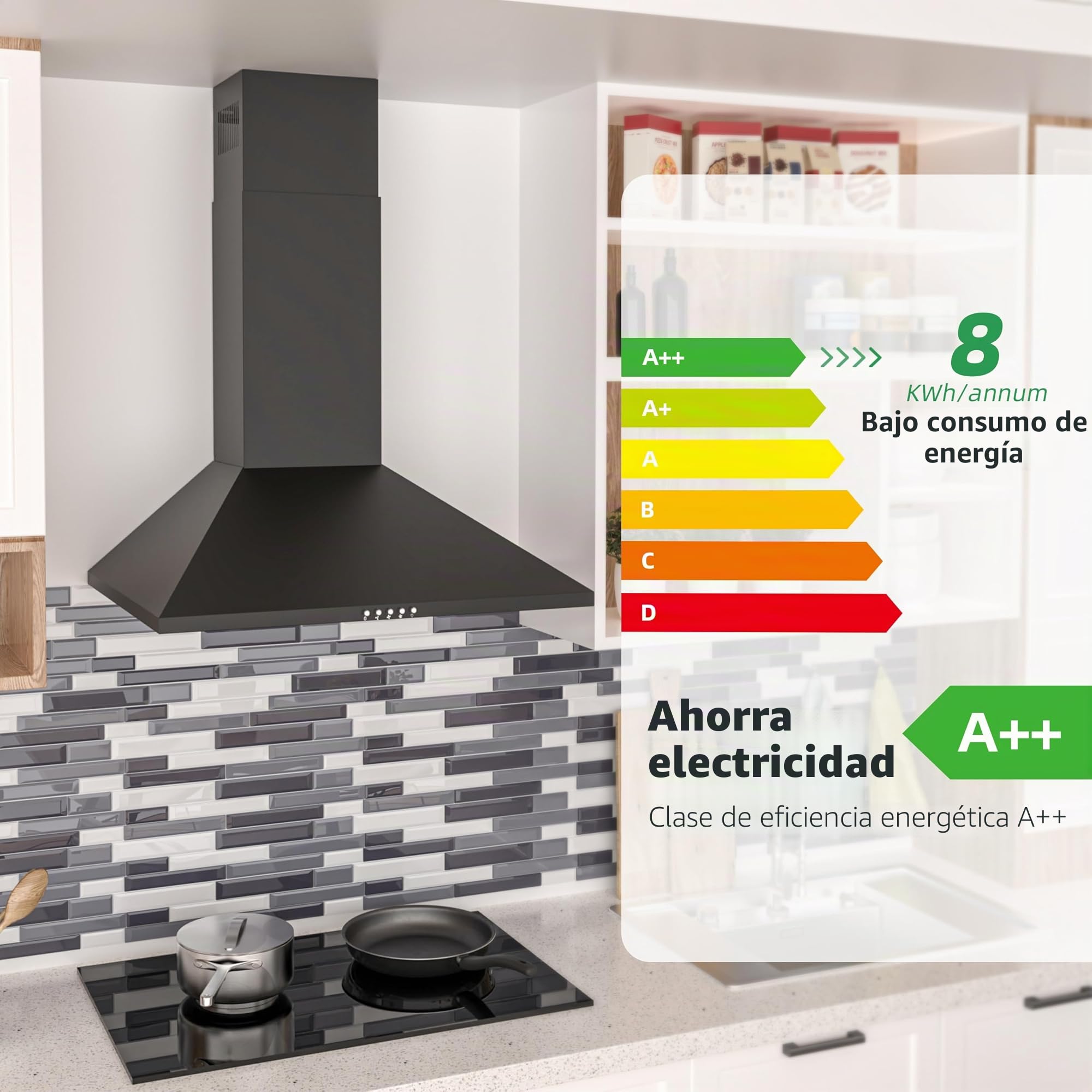 FIREGAS Campana extractora 60cm, Motor sin escobillas, 3 velocidades, 352m³/h, Canalizado y Recirculación, Iluminación LED, Filtro de carbón incluida, Clase A++ Campana decorativa Negra