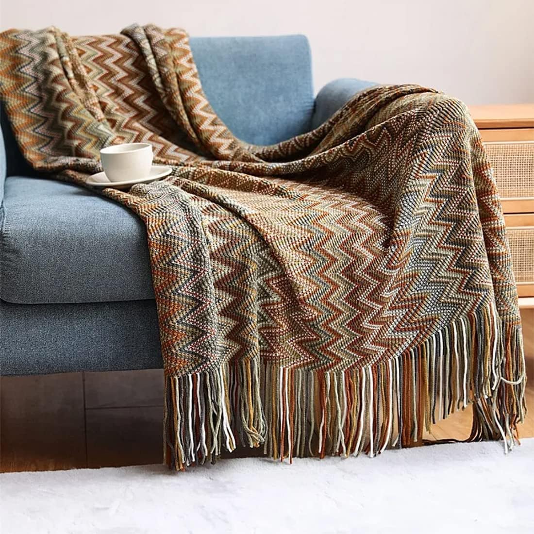 Fennco Styles Blue Zigzag Soft Boho Throw Blanket with Tassel 50" W x 60" L - Colorful Crochet Chevron Tapestry Blanket for Indoor Outdoor Use, Couch, Bedroom, Living Room, Office Décor