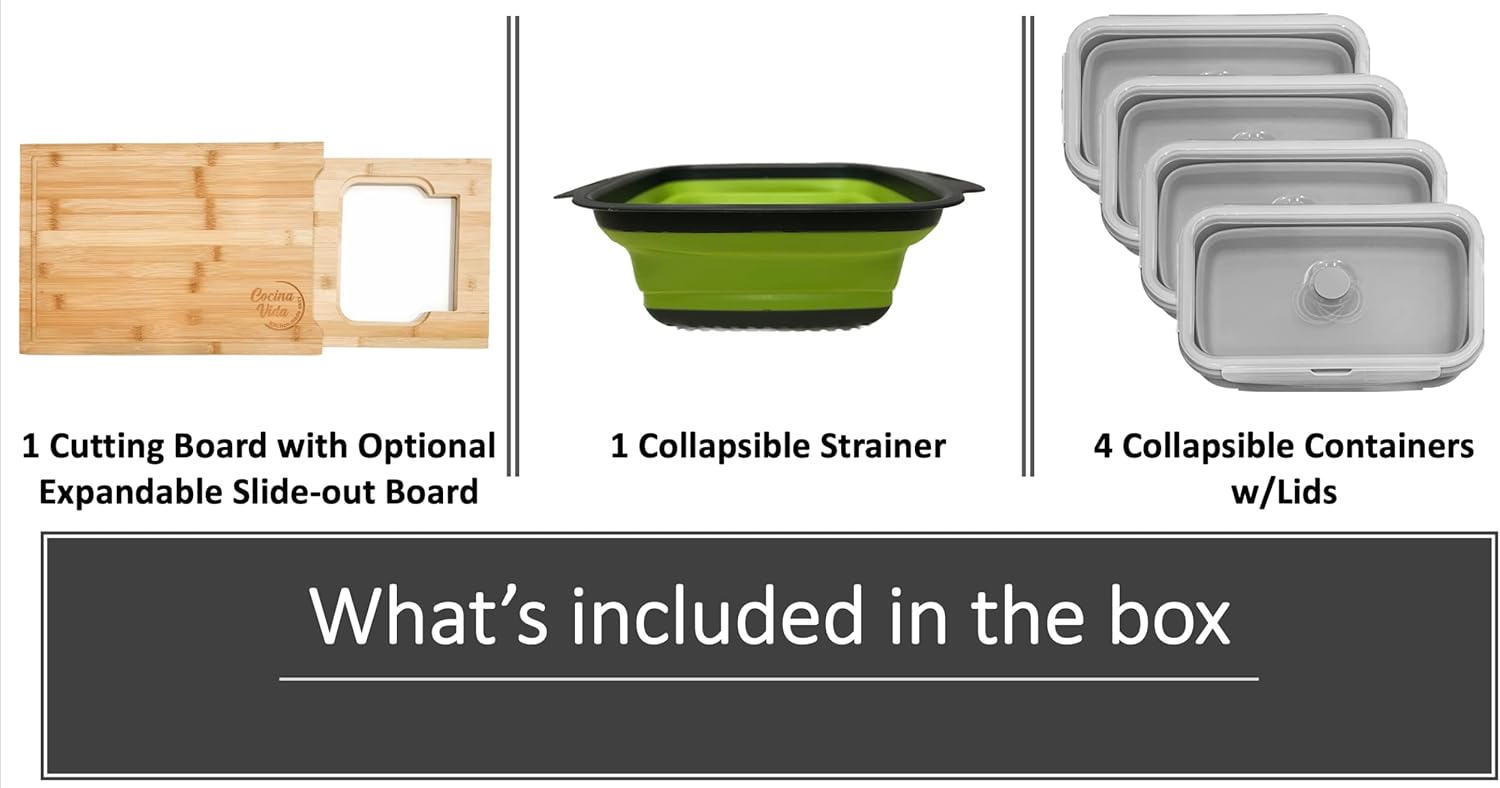 Cocina Vida Bamboo Cutting Board With 4 Collapsible Containers And Strainer, Over The Sink Cutting Board, All In One Chopping Expandable Slide-Out Meal Prep Wood Chopping Board, Kitchen Must Have - Image 7