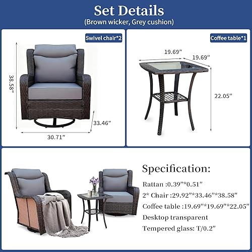 Miniatura 2 de Silla mecedora giratoria para patio al aire libre, 3 sillas de mimbre de 360, deslizador al aire libre con mesa auxiliar, respaldo alto y cojín de 6
