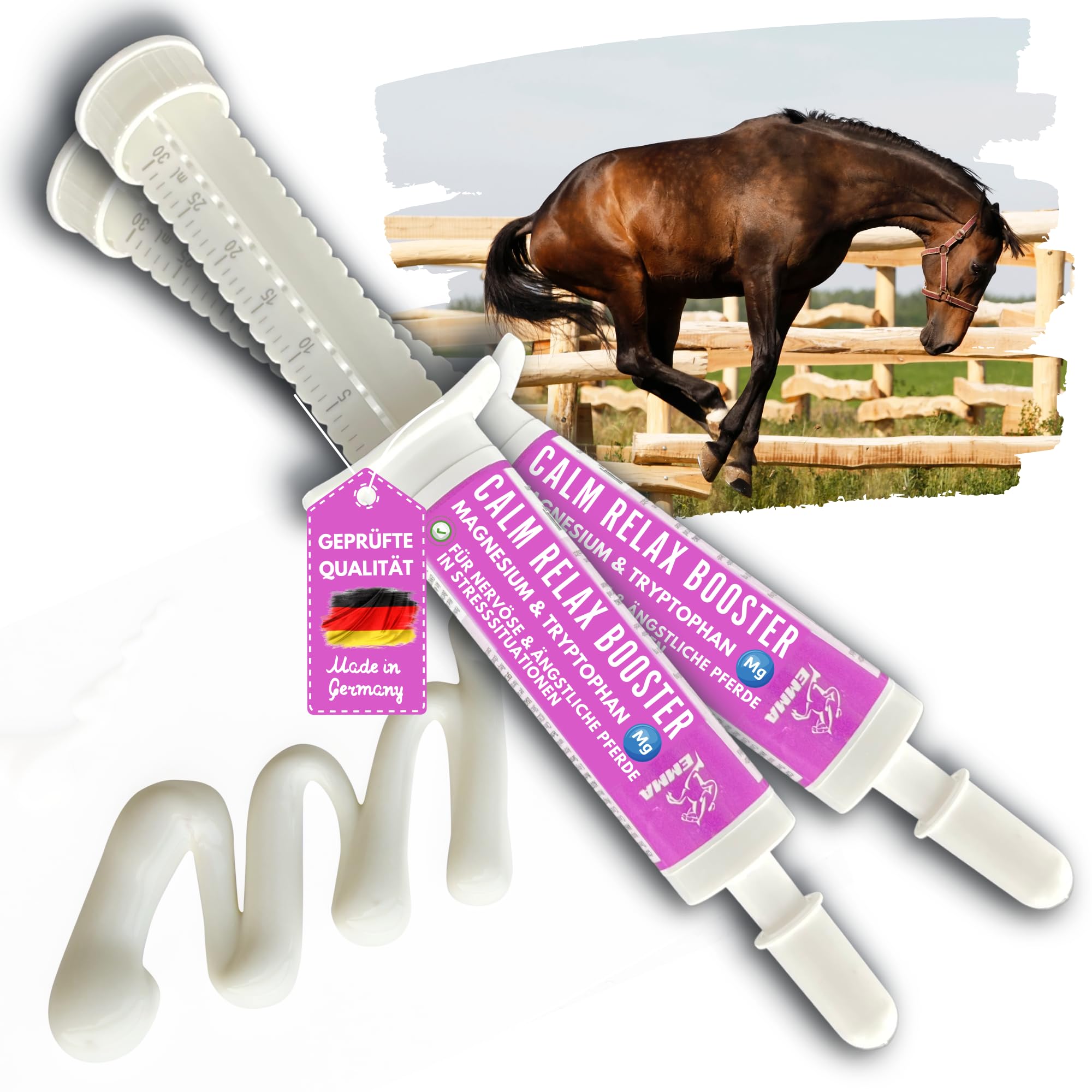 Magnésium Cheval 2 * 30ml Pâte calmante pour Chevaux Calm Relax Booster I Anti-Stress calmant nerveux L-tryptophane I en Cas d'anxiété Transport I Pâte de magnésium sérénité Cheval nerveux Haute Dose