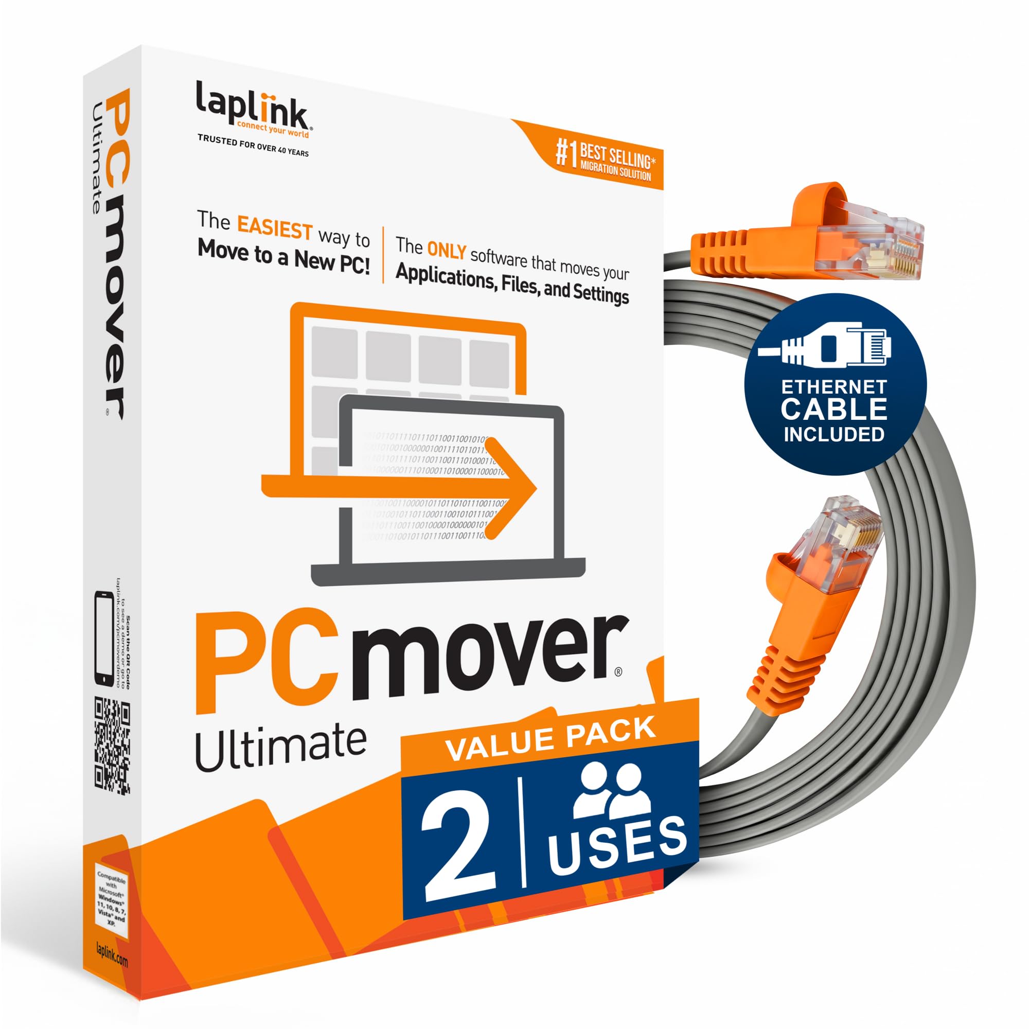 Laplink PCmover Ultimate 11 - Migración de sus aplicaciones, archivos y configuraciones de un PC antiguo a un PC nuevo - Software de transferencia de datos - Con cable Ethernet de alta velocidad