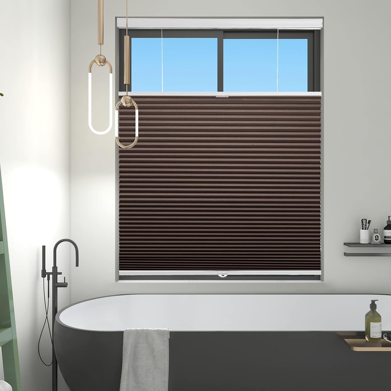 Changshade Blackout Cellular Shades Cordless, Top Down Bottom Up Window Blinds, 1.5'' Single Cell Pleated Blinds, Room Darkening Honeycomb Shades, 52" W x 72" H, Dark Brown, CEL52TP72E Dark Brown 52"W*72"H
