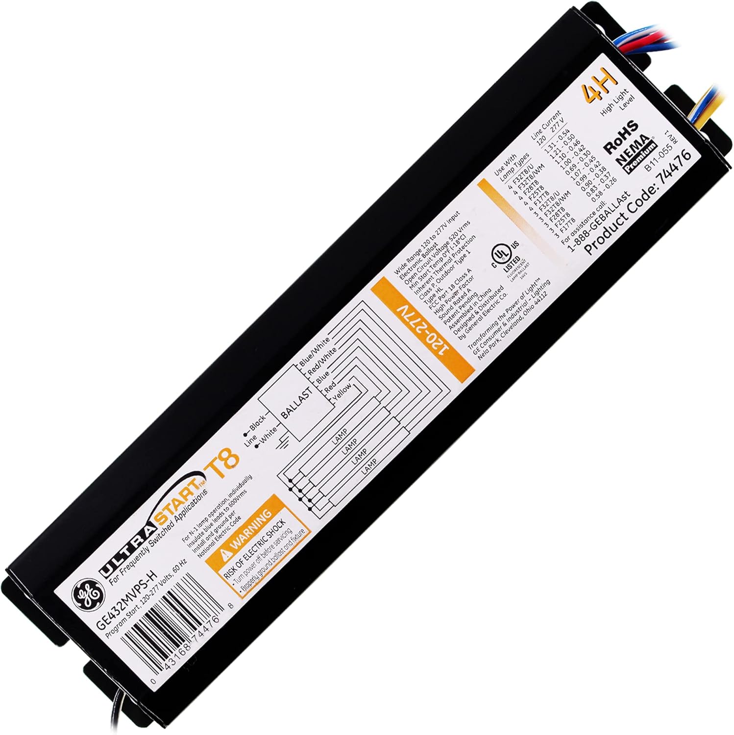 GE Lighting 74476 GE432-MVPS-H 120/277-Volt UltraStart Electronic Fluorescent T8 Programmed Rapid Start Ballast 4 F32T8 Lamps