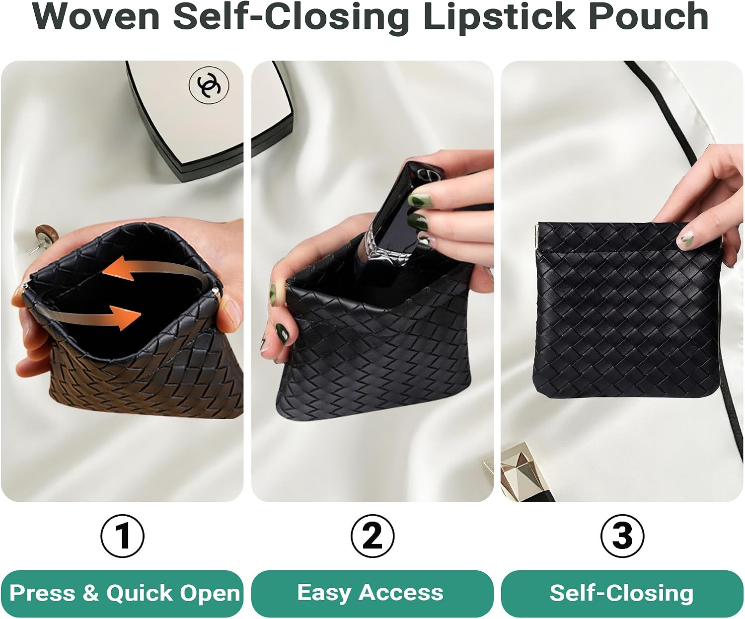 4 PCS Woven Makeup Bag for Purse & Coin Purse, Snap Closure image 2