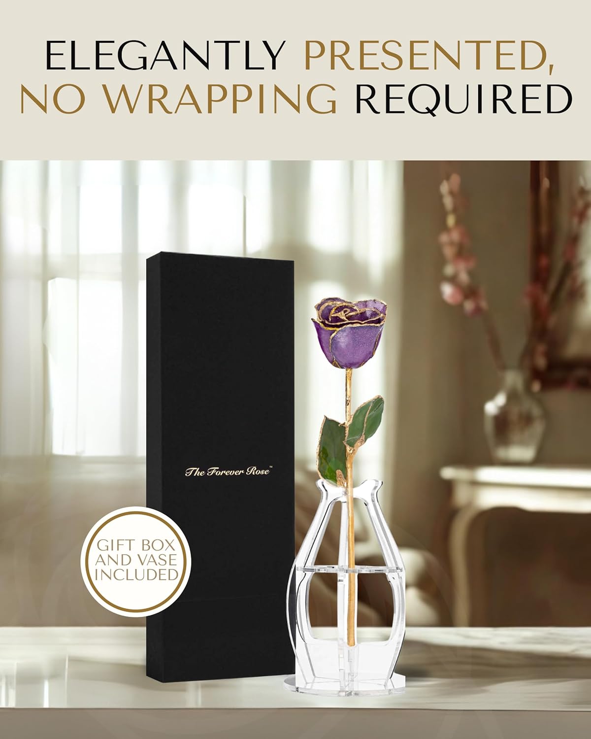 Forever Rose Hand-Dipped in 24K Gold, Amethyst-Inspired February Birthstone with Sparkles, Real Rose in Phantom Vase and Bloom Box – Perfect Ready to Gift for February Birthday or Any Occasion - Image 4