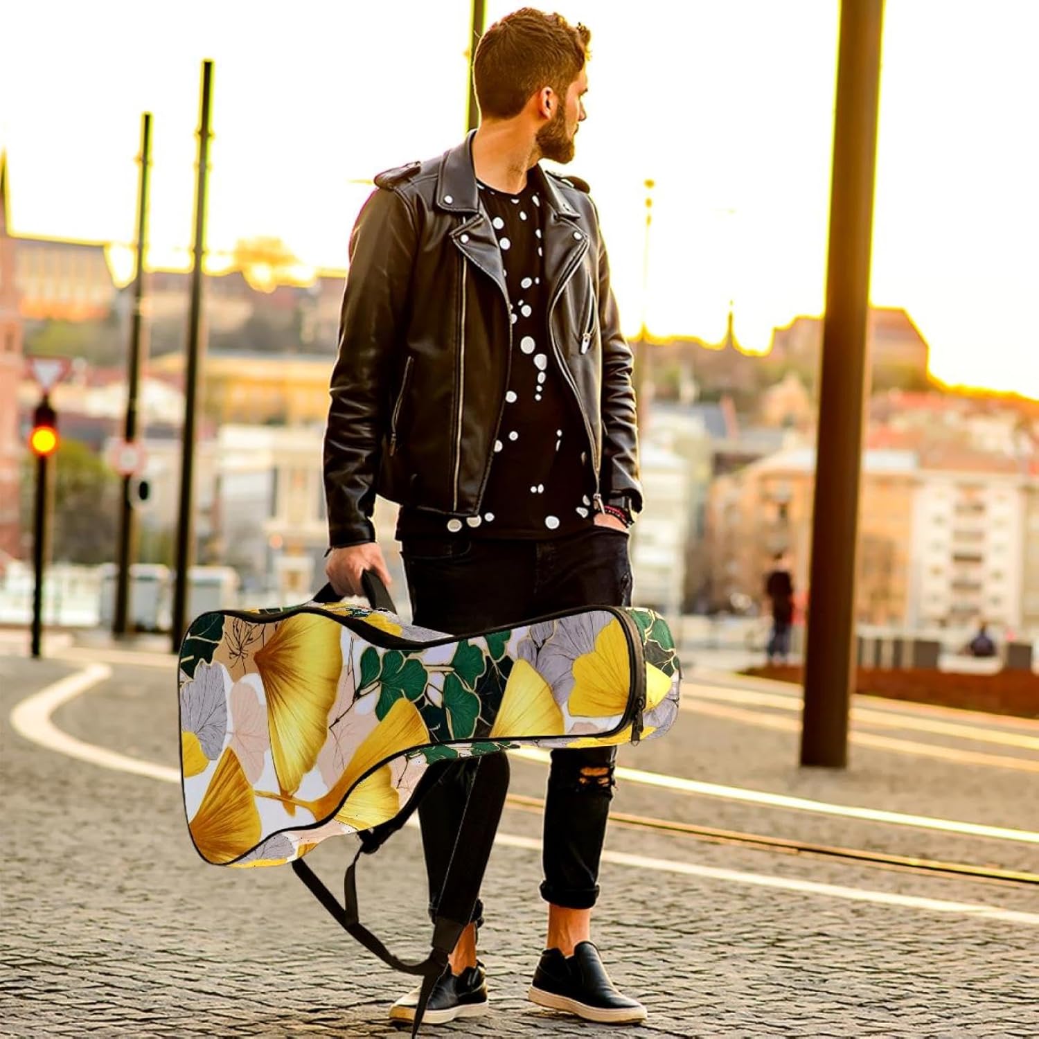 40 41 42 Inch Guitar Bags, Waterproof Padded Acoustic Guitar Case Backpack with Adjustable Shoulder Strap & Pockets, Gold Ginkgo Biloba