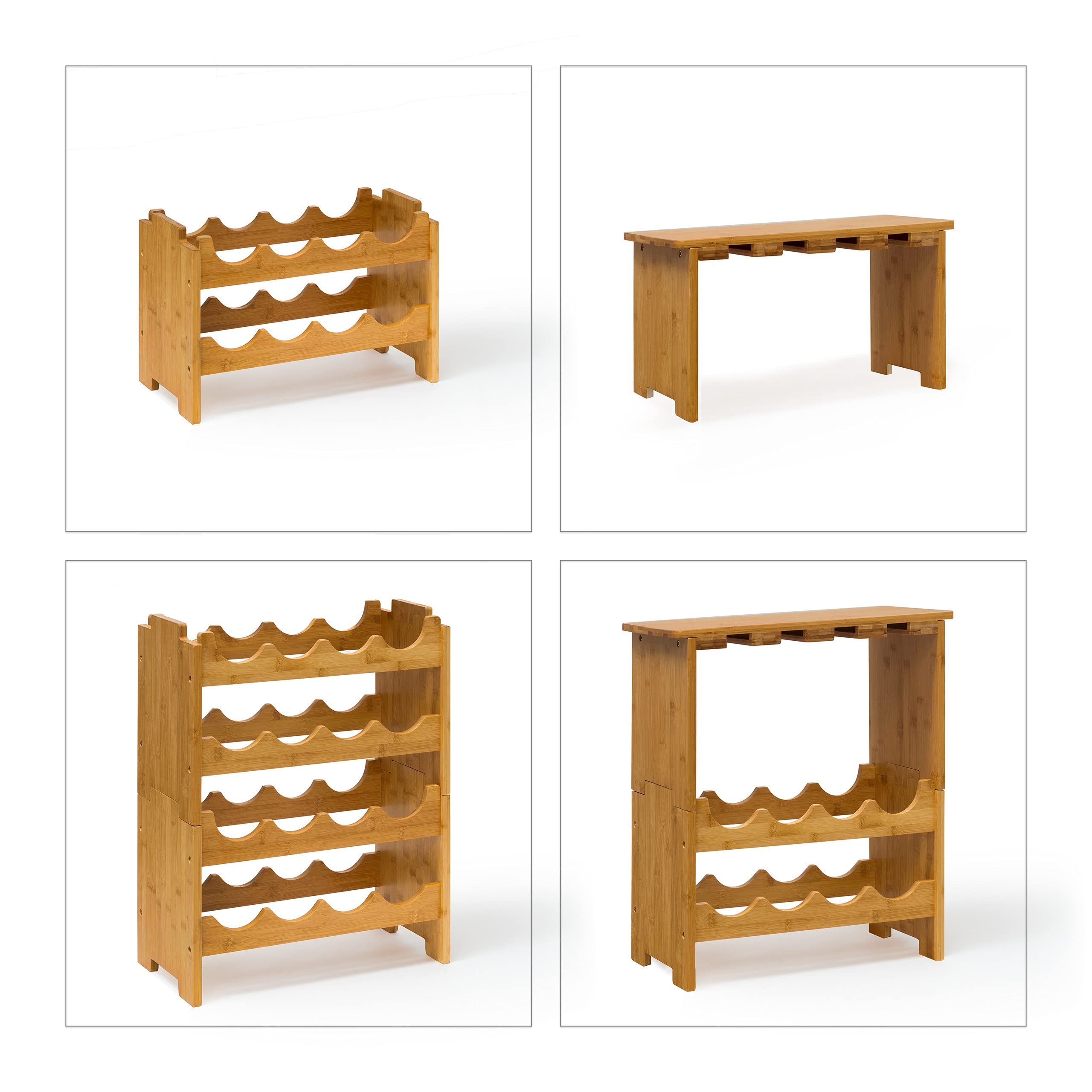 Relaxdays Scaffale per 16 Bottiglie di Vino, Portabottiglie, 84x24x50 cm, Cantinetta in bambù, Calici, Legno Naturale