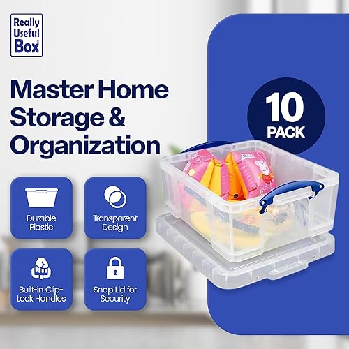 Miniatura 2 de Really Useful Box Paquete de 10 contenedores de plástico de 17 litros con tapas a presión y cierre de clip, transparentes