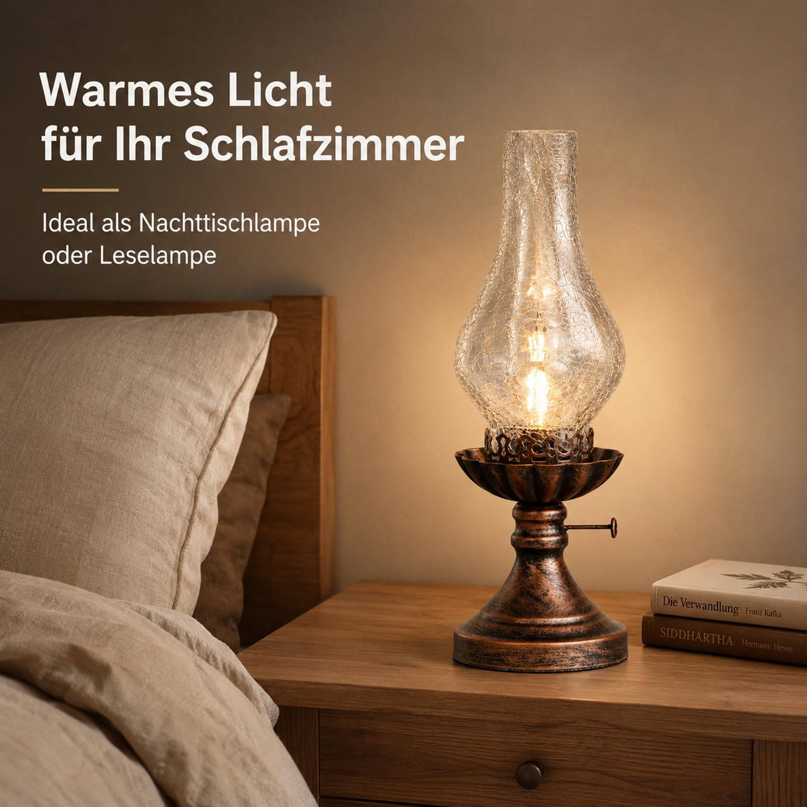 LANMOU Tischlampe Vintage im Petroleumlook, Riss Glas Schirm | E27 Elektrische Retro Petroleumlampe Nostalgische Nachttischlampe im Öllampen-Design, 110 - 240 V, H 40cm