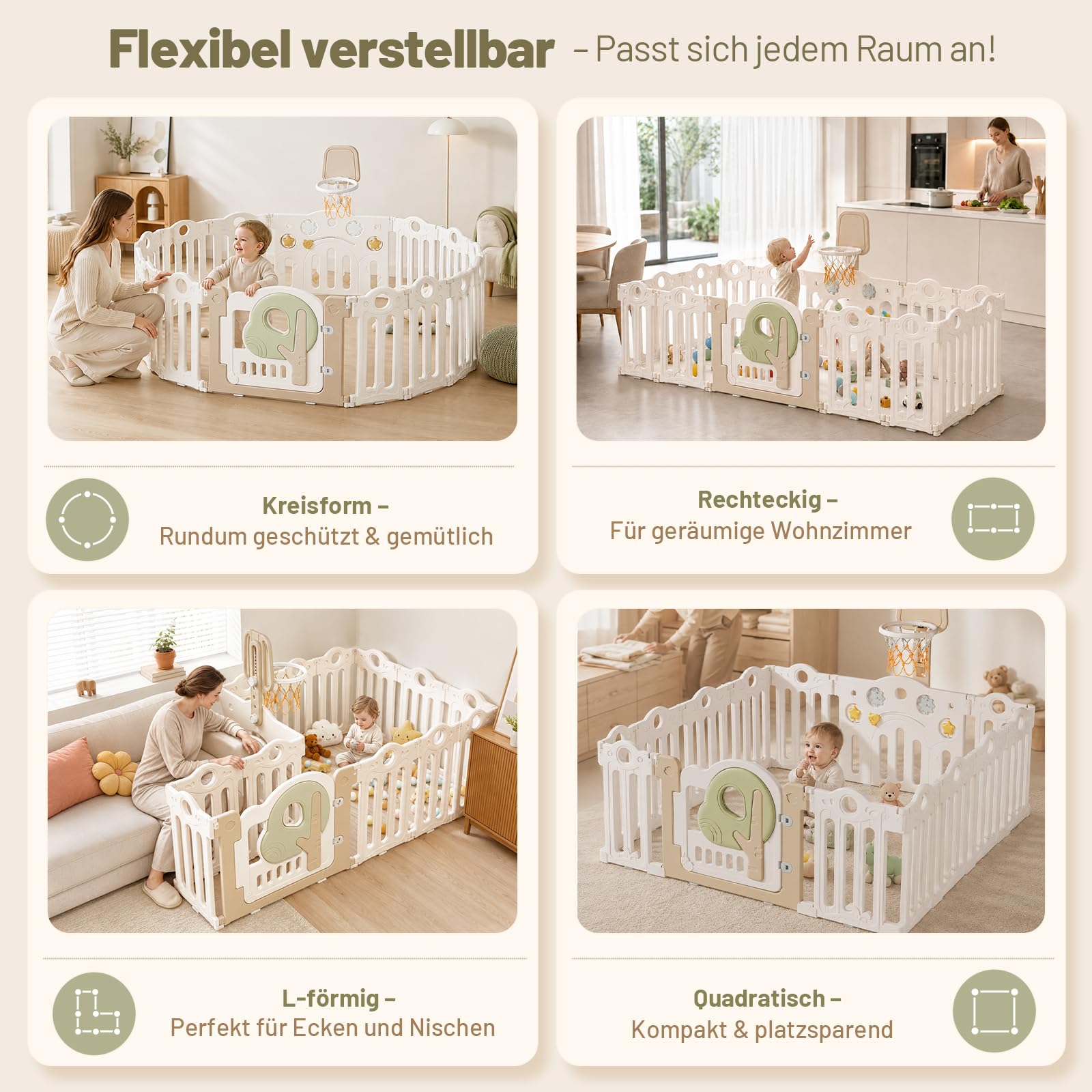 Laufstall Baby Faltbar 150x150, Groß Laufgitter Baby mit Mini-Basketballkorb, XXL Tragbar Playpen mit Tür für Babys&Kleinkinder, Montessori Spielboard&Babyzaun Kunststoff für Innen&Außen