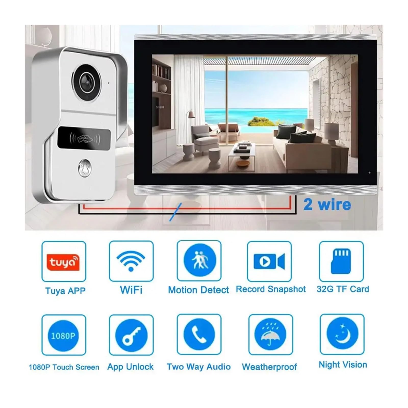 Tuya - Campanello smart video 1080P 5G WiFi a 2 fili, 25,4 cm, touch (1V1 10", argento)