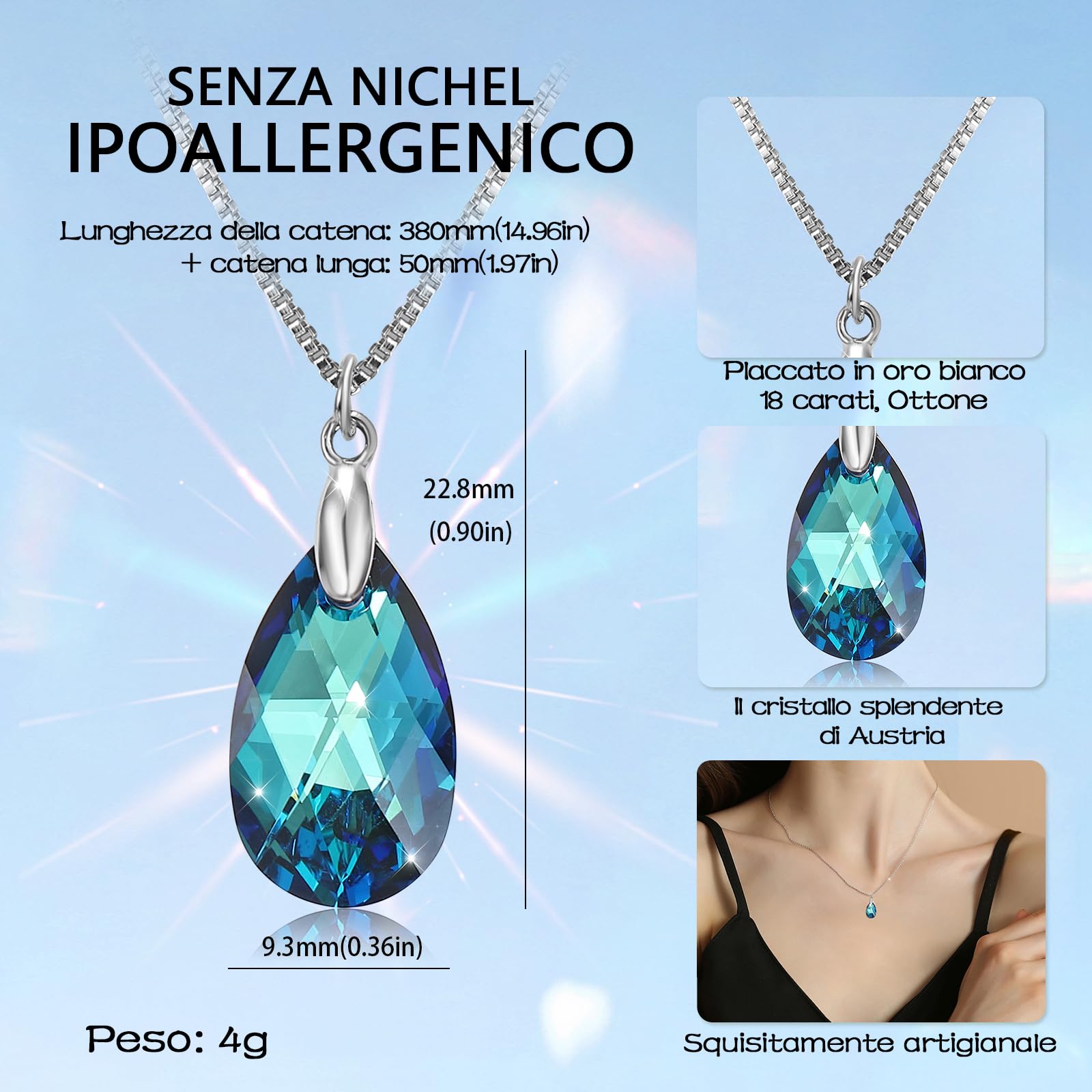 Richapex Collana da donna a forma di goccia Collana in cristallo austriaco blu in argento 925