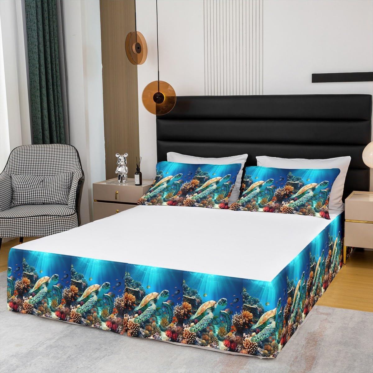 Feelyou Sea Turtle Bed Wrap Sheet Set Queen, Ocean Bed Skirt for Kids Coastal Bedskirt Reptile Tortoise Dust Ruffle Pleated Bedskirt with Split Corners