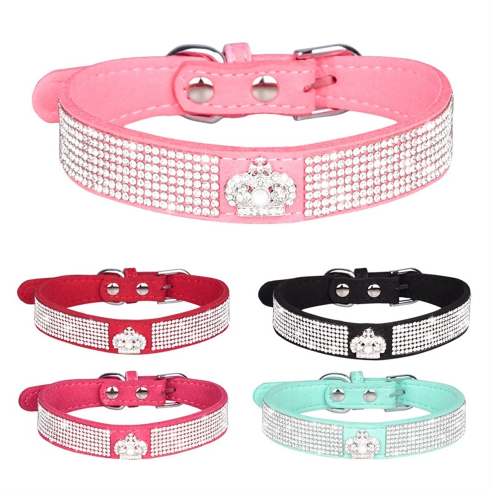 JINGYAN Obroże podstawowe dla psów Kołnierz psa Rhinestone. Pu Skórzany Kryształ Diament Puppy Cat Collar Pet Collars Zwierzęta Dostawy Akcesoria dla psów(Pink,L)