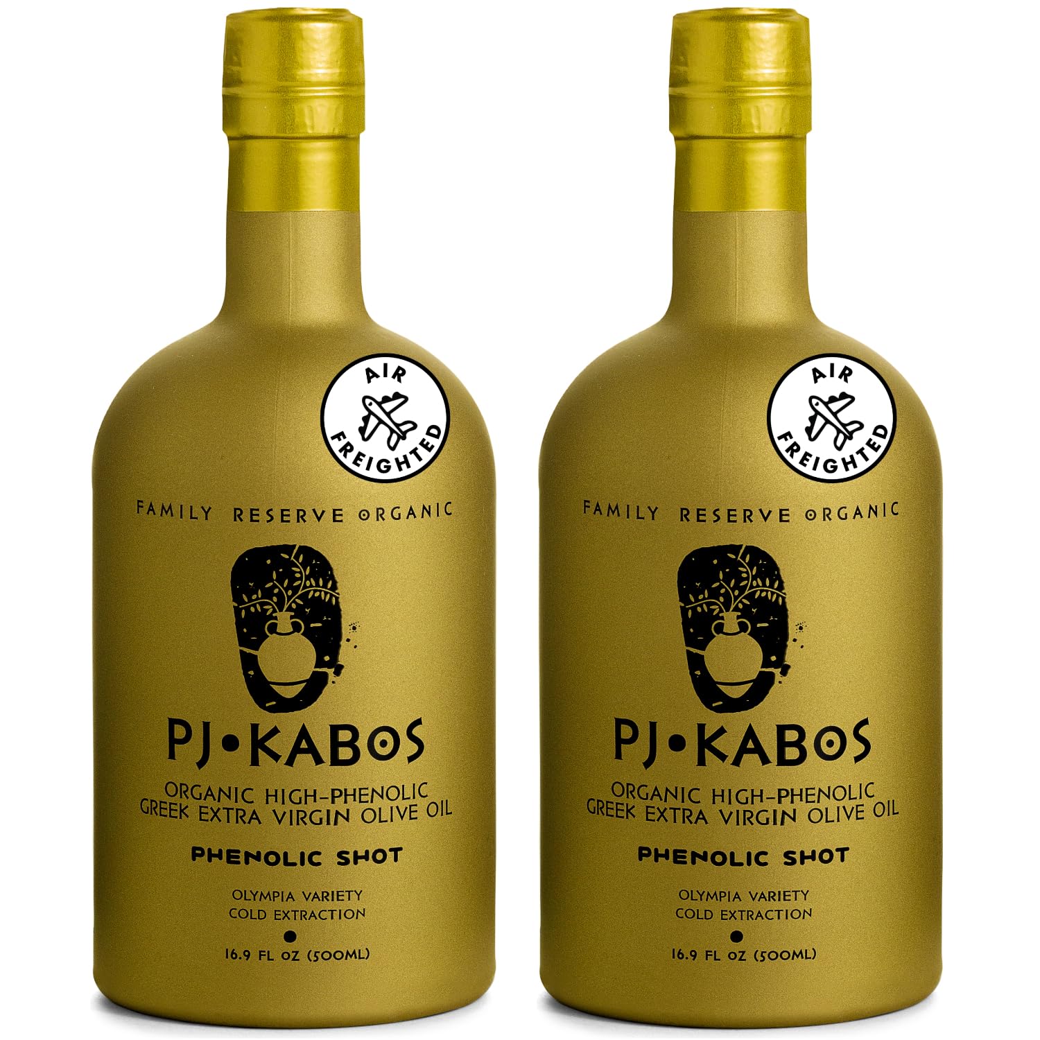 P.J. KABOS 2025/26 Harvest, Extremely High Phenolic (900+ mg/kg), USDA Organic Greek Extra Virgin Olive Oil, Kosher, Cold Extracted, 16.9oz Bottle, PJ KABOS “Family Reserve Organic - Phenolic Shot” (2PACK)