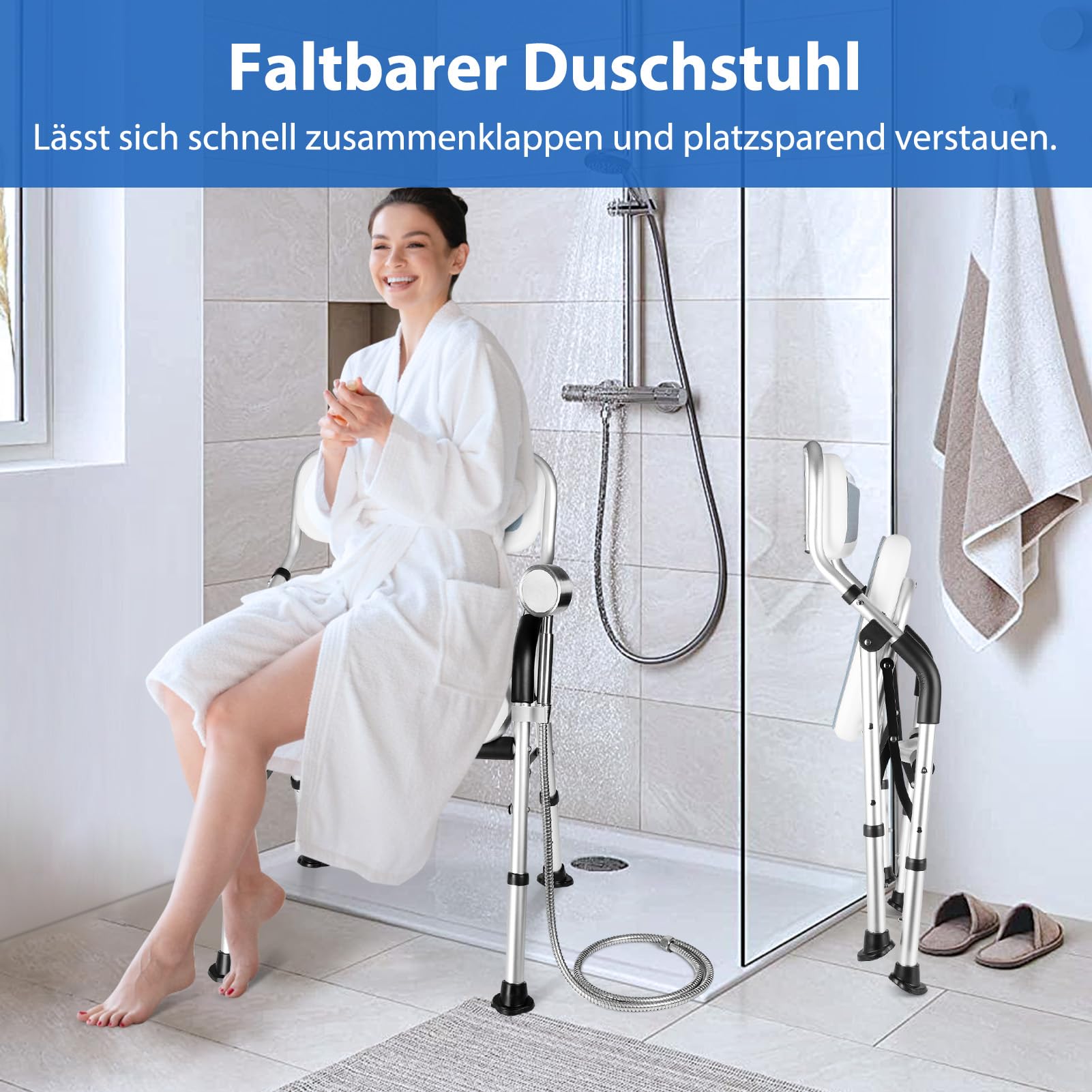 DEWEL Duschstuhl für Senioren, Duschstuhl Klappbar mit Rückenlehne und Armlehne, 4-Stufige Höhenverstellbarer, mit Duschbrausenhalter - Werkzeugfreie Montage, Tragfähigkeit von 150 kg (Grau)