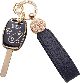for Key Fob Cover with Leather Lanyard, Key Case Protection Shell Fit for 2003-2012 Accord 2006-2013 Civic EX 2009-2015 Pilot 2005-2006 CR-V Smart Key Holder, Black