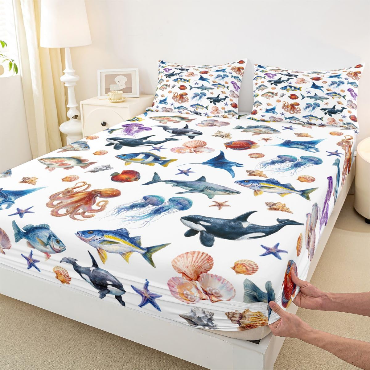 Homewish Ocean zestaw pościeli King Orca wieloryb okonia ryba prześcieradło z gumką meduza ośmiornica prześcieradła dla dzieci nastolatków dziewcząt, nadmorskie życie morskie narzuta na łóżko 3 szt