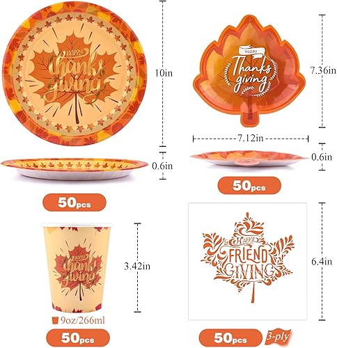 Miniatura 3 de Juego de 200 platos y tazas de papel de hojas de otoño para suministros y decoraciones de fiesta de Acción de Gracias de 50 a 10 pulgadas