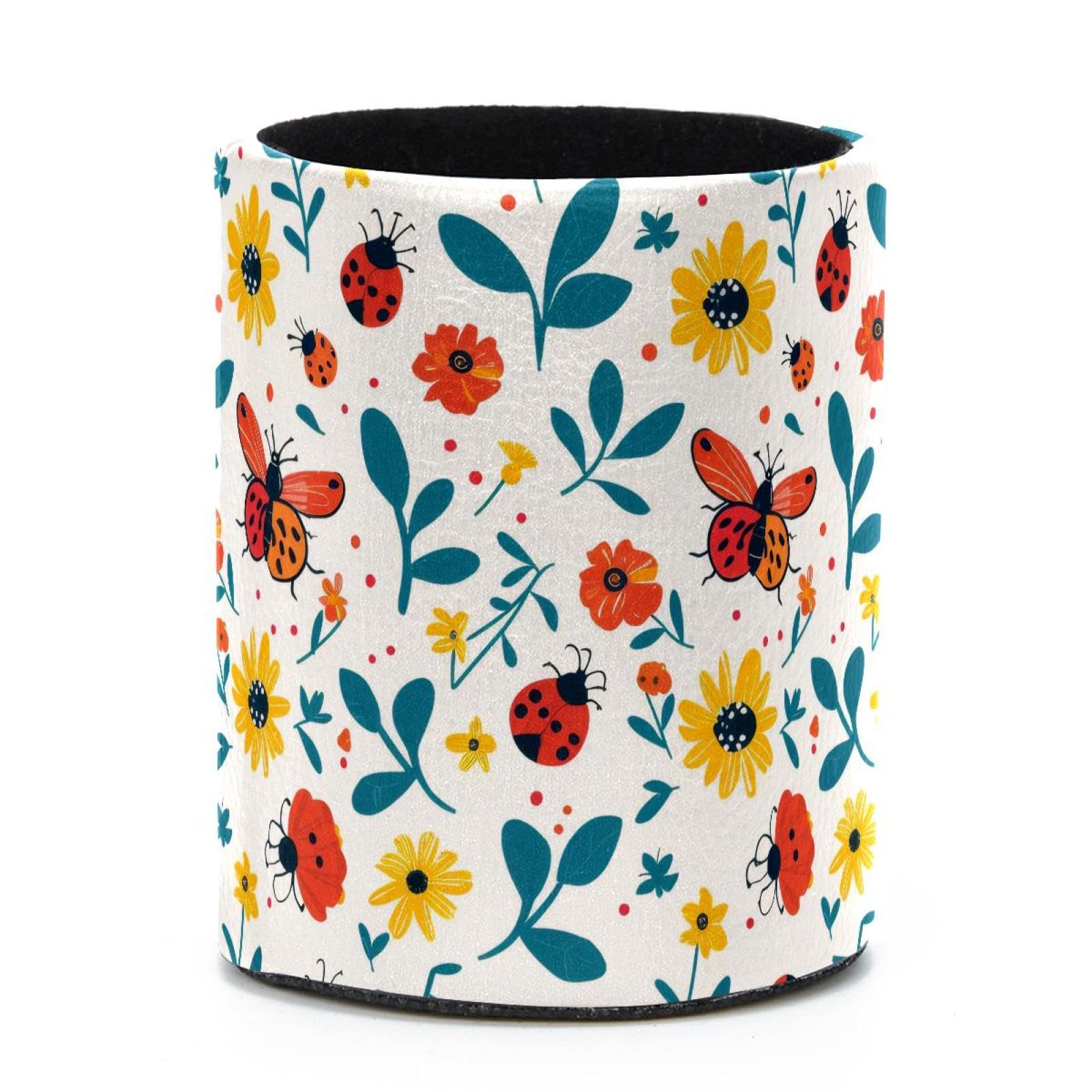 VAPOKF Round Pencil Holders for Desk, Ladybug Flower Pen Holders Pen Pot Makeup Brushes Storage Desktop Stationery Supplies Organiser for Home Office