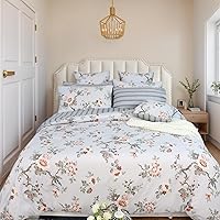 Vista 34 de FADFAY Juego de funda de edredón, ropa de cama floral elegante, beige desgastado con pájaros y flores, juego de funda de edredón vintage de granja