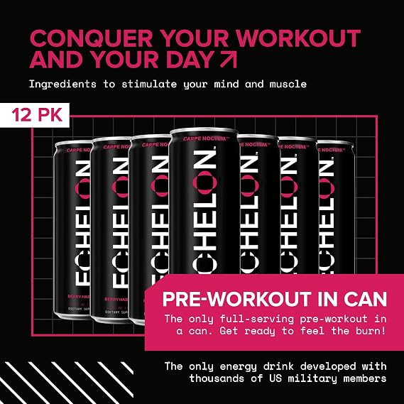 Echelon Pre-Workout Energy Drink | Berry Habanero | 12 Pack | Sustained Energy, Focus and Endurance Dietary Supplement | 300mg of Caffeine | Beta-Alanine, L-Theanine & Fiber | Vegan