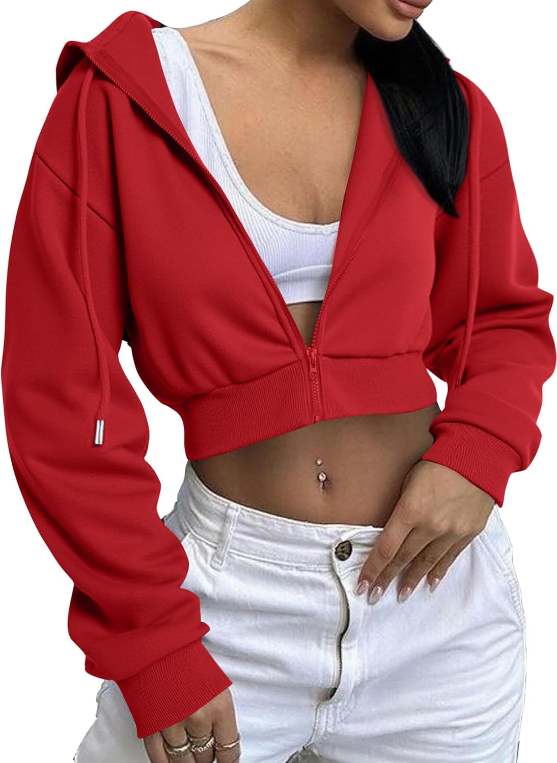 Remidoo Women's Zip Up Cropped Hoodie Crop Top Sweatshirt Drawstring Long Sleeve Jacket - Image 6