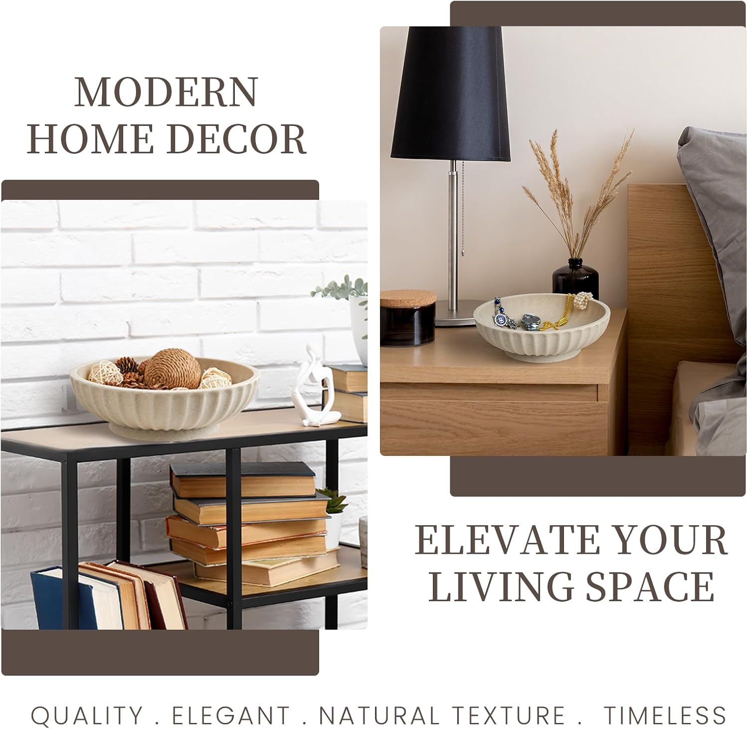 Large Decorative Bowl - Fruit Bowl for Kitchen Counter - Modern Decorative Bowl for Home Decor,Key Bowl for Entryway Table - Artificial Stone Beige