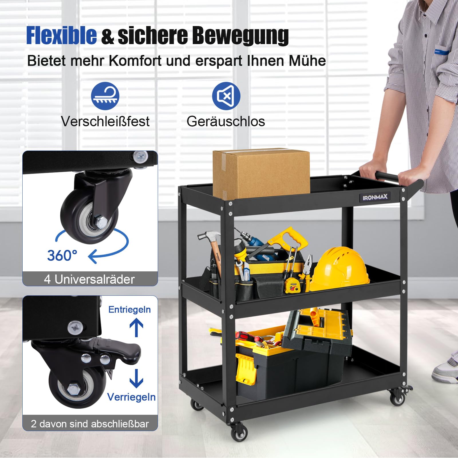 COSTWAY Werkstatt-Rollwagen 3 Etagen, Werkstattwagen mit 4 Universalrädern & Griff, Werkzeugwagen aus Metall, Montagewagen Rollwagen 120kg Belastbar für Garage Zuhause Lager, 73 x 36 x 75cm (Schwarz)