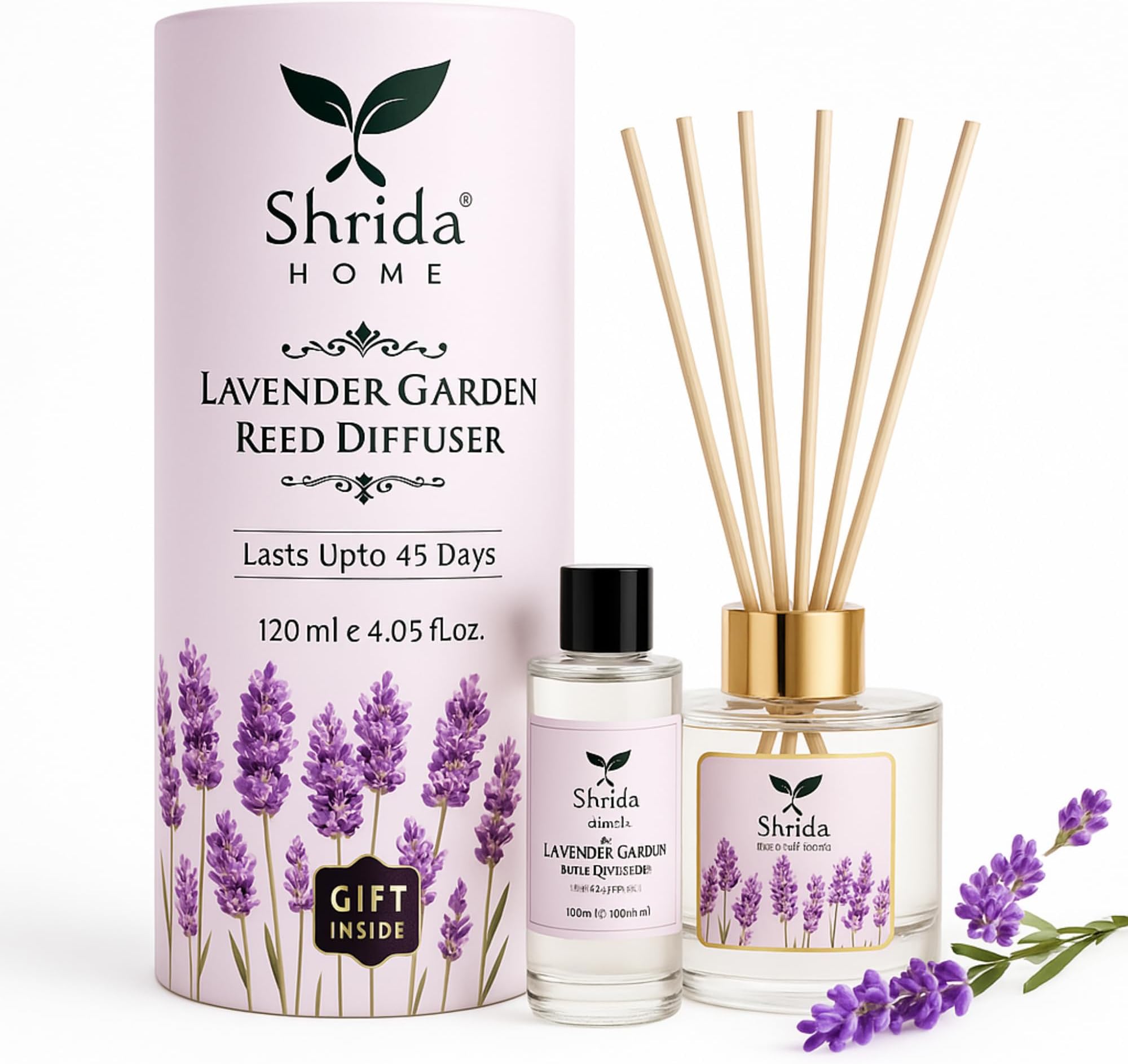 Lavender Reed Diffuser Combo with Extra 120ml Refill, Relaxing & Long-Lasting Aroma, Toxin-Free Room Freshener for Home, Office, Bedroom & Bathroom, Includes 6 Reed Sticks, Gift Ready