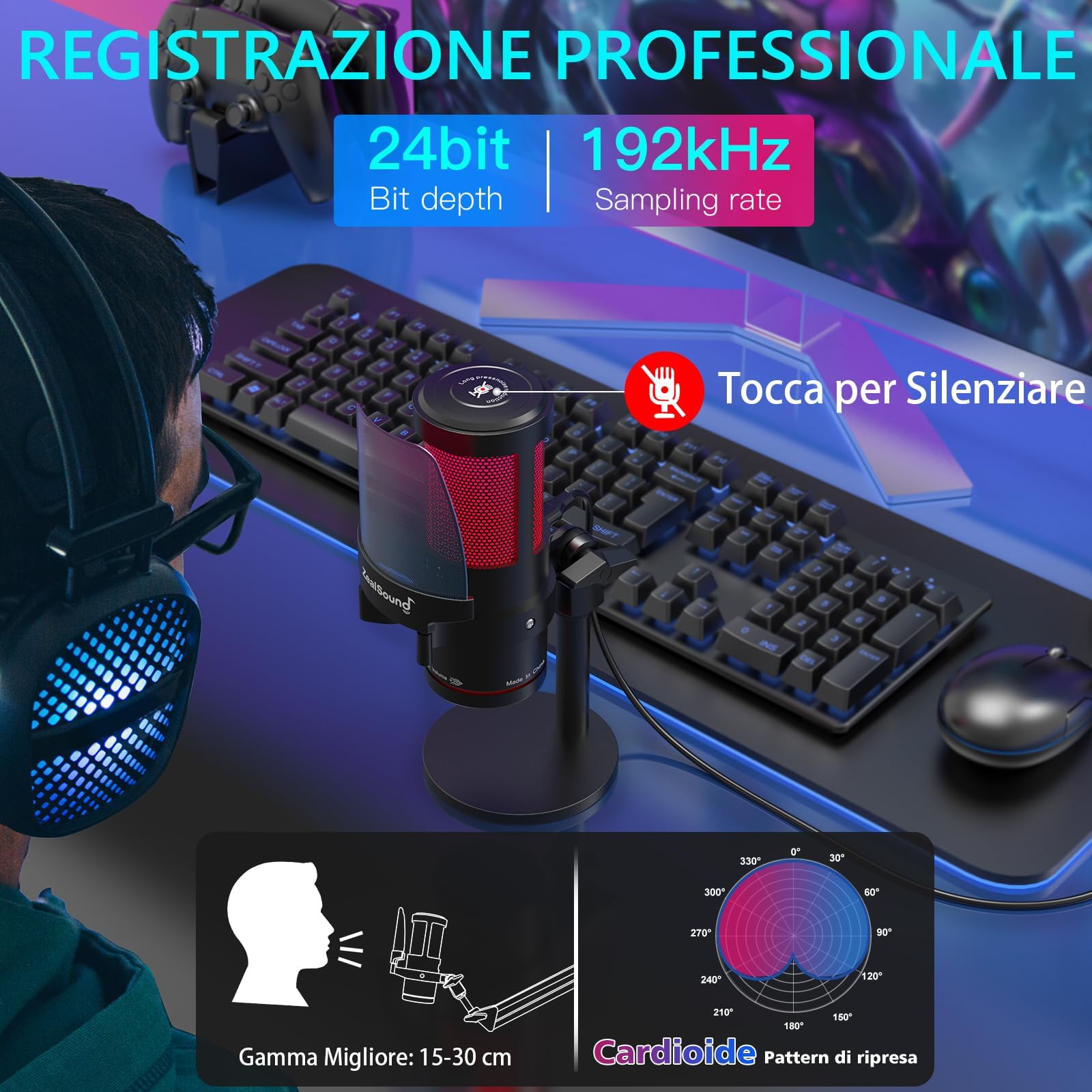 ZealSound Microfono USB gaming, microfono condensatore, microfono luce RGB, streaming, guadagno, monitoraggio per streaming, podcast, YouTube, Discord, *Phone, iPad, PC, computer, PS, Mac, GamerWave